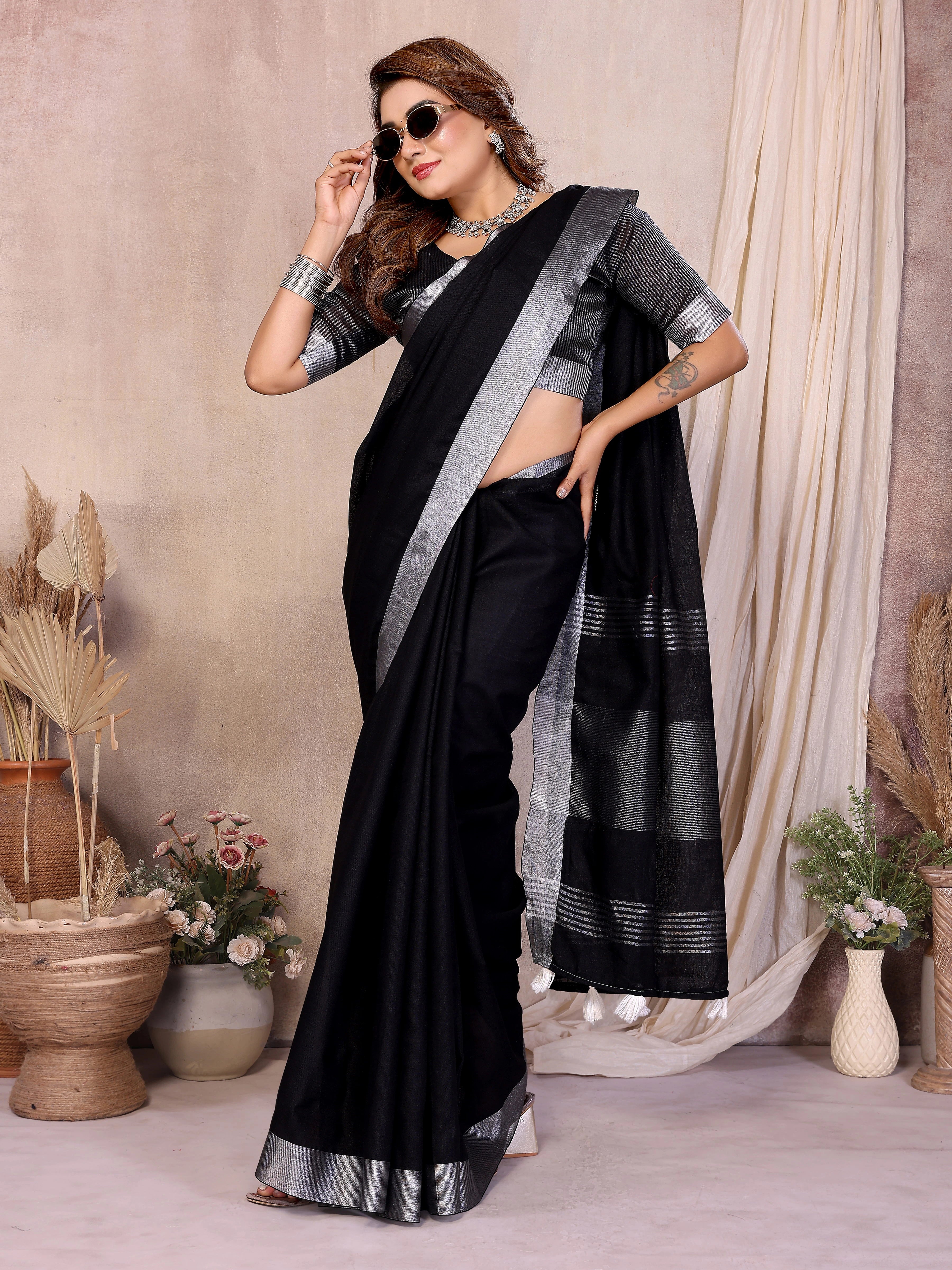 Black Zari Border Soft Linen Cotton Saree